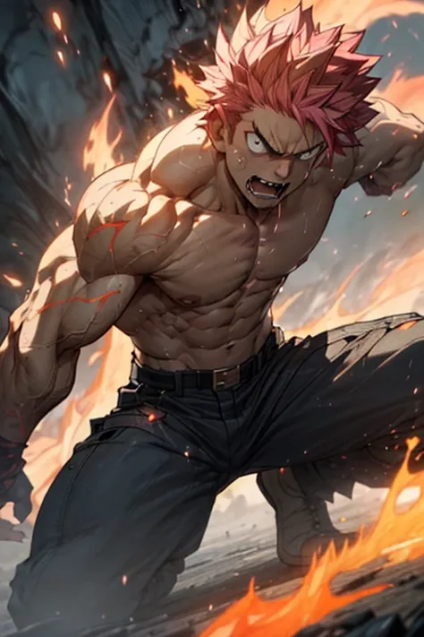 (Natsu Dragneel),angry expression,(violent,vigorously,knock down:1.2) a (huge,gigantic,enormous) dragon, with (sharp,pointy) (claws,fangs) and (scaly,rough) skin. Natsu has a (muscular,fit,buff) body, (ripped,six-pack,toned) (abs,stomach), defined (biceps,...