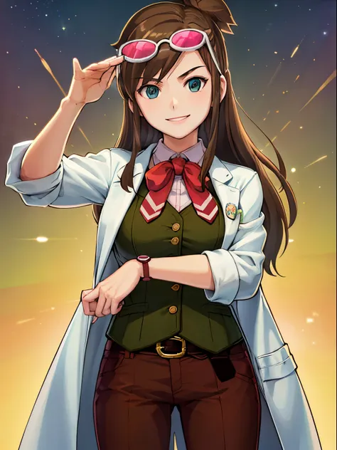 high quality, official art, ema skye, cute, tinted eyewear on head, open clothes, labcoat, sleeves rolled up, (green vest), red ...