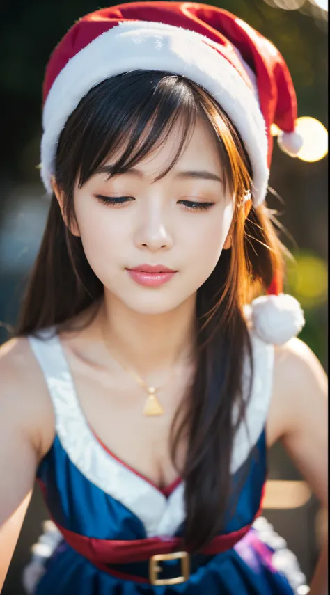 （​masterpiece, high-level image quality ）,(25 years old, japanaese girl), ((Cute girl in a sexy Santa Claus costume in the distance:1.3, gold and red dress)), masutepiece , Best Quality, Ultra-detailed, Raw photo, There is a woman sleeping in bed wearing a...