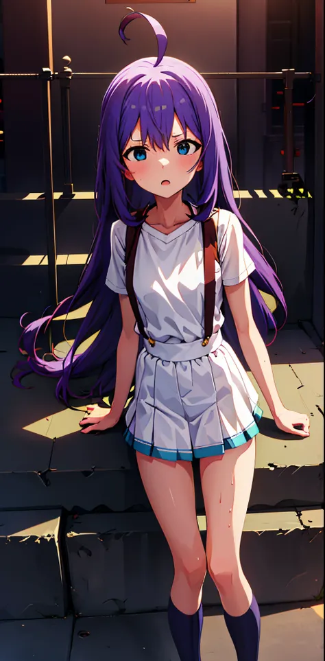 {{{{{mochizuki anna}}}}},1girl,solo,long hair,purple hair,small_ahoge,blue eyes.short stature.white t-shirts.suspenders.skirt.(((masterpiece))).(((best quality))).((ultra-detailed))).(((illustration))).night view.small Breasts.fighting stance