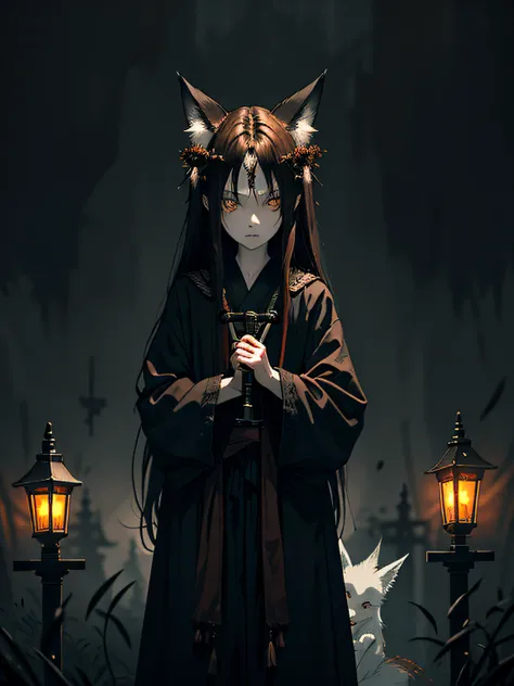 (dark dark fantasy), ((hopeless gloomy fox girl)), brown hair, Long hair, closed long clothes, long sleeves, holding a steel naginata, holding steel chris, decorations and gadgets made from thorns, Phantom Lights, ghost fire, Cold lighting