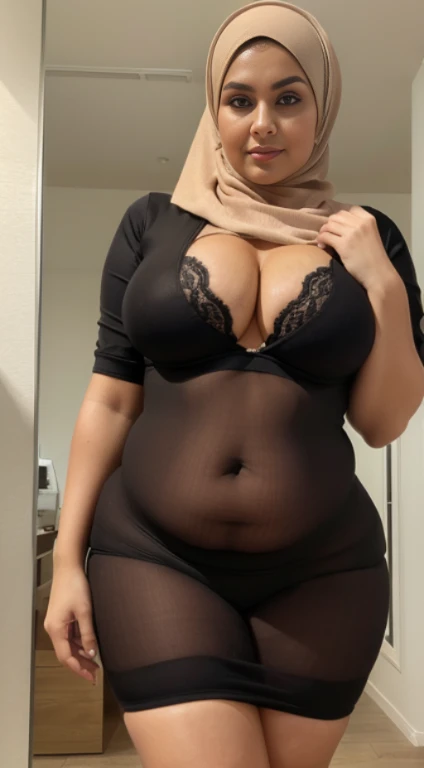 ((best quality)), (masterpiece), (perfect face), (perfect body shape), (detailed image), Chubby woman in hijab, Wearing , ultra-sensuelle underwear, curvy plump body, perfect body, room as background , sexy style