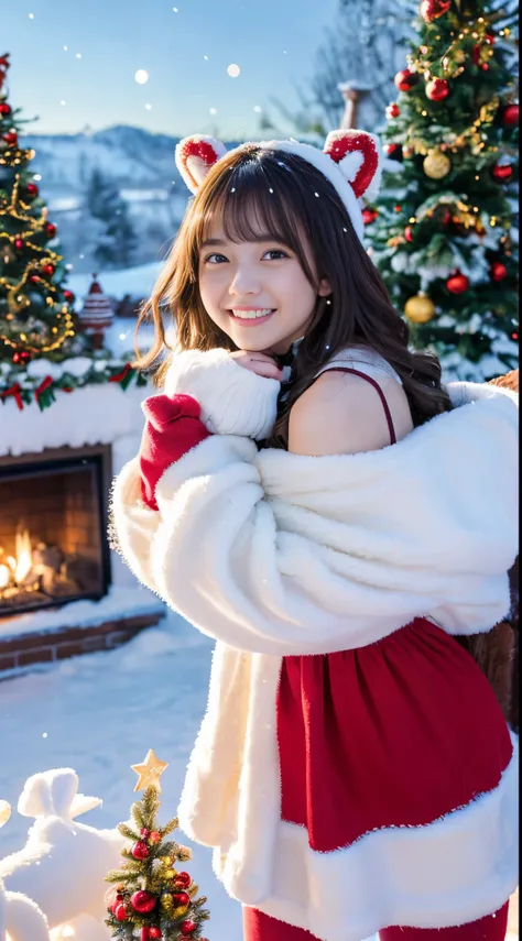 (Best Quality,4K,hight resolution,masutepiece:1.2),Realistic,Christmas,girl (21 years old),Hugging a big teddy bear,stuffed animal,Wear warm clothes,Snow falling in the background,Winter wonderland,Joyful expression,Magical atmosphere,Soft lighting,Vivid c...