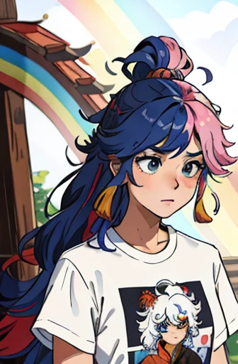 masterpiece, best quality, girl with rainbow hair, really wild hair, mane, t-shirt witn chinese dragon