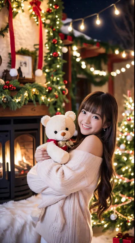 (Best Quality,4K,hight resolution,masutepiece:1.2),Realistic,Christmas,girl (21 years old),Hugging a big teddy bear,stuffed animal,Wear warm clothes,Snow falling in the background,Winter wonderland,Joyful expression,Magical atmosphere,Soft lighting,Vivid c...