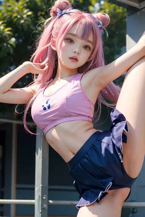 1girll,Twin-tailed,Colorful hair,Flying,pink bows,16-year-old female model,Side,Thigh、swim wears、Colossal tits、kawaii、realisitic、pantiy、Idol、buruma、dark blue bloomers、gymnastic suit、School gym uniform