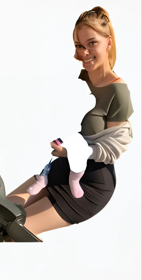 blond woman sitting on a motorcycle with a cell phone in her hand, render of april, ( ( ( ( 3 d render ) ) ) ), high res render, ( ( 3 d render ) ), soft render, hugging her knees, soft 3d render, rendered in sfm, semi - realistic, semi-realistic, digitall...