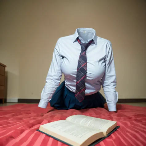 chubby, fat, white shirt, blue stripe tie, school tie, school uniform, reading books on bed, (cute pose), (invisible, no humans, headless, faceless:1.5), (cute big breasts), (close-up shot of breasts), (8k, RAW photo, best quality, masterpiece:1.2), (reali...