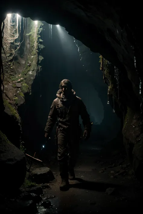 A person with speluncaphobia exploring a dark cave, holding a flashlight, with fearful eyes and a trembling body. The cave is characterized by narrow passages, dripping water, and mysterious shadows. The person is wearing rugged clothing and is surrounded ...