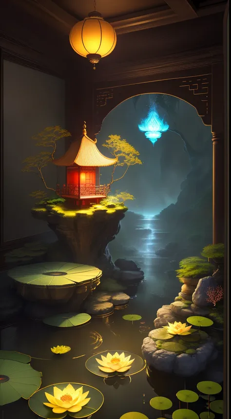 A miniature indoor lotus pond，Light Painting Miniature 3D Model，There  a beautiful tea cup on a stone，Red carp，lotus leaf lotus lotus pod，Plants，a plant，mossy，Root，small waterfallurning oil lamp，Incense box，looming smoke，water flowing，A perfect piece of de...