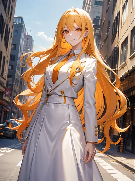 Mature female, long hair, wavy hair, yellow hair, Orange eyes, white suit, white shirt, white jacket, closed jacket, white skirt, long skirt, red tie, hand on waist, cold face, golden necklace, golden earring, smile, looking at viewer, street, daytime