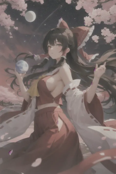 masterpiece, best quality, 1girl, hakurei reimu, black hair, black hair, glowing eyes, sideboob, (long skirt), yin yang orb, nightlight, bare hand, detail background, shrine, river, cherry blossoms, flower scatter, red sky, starry sky, moon, from side,