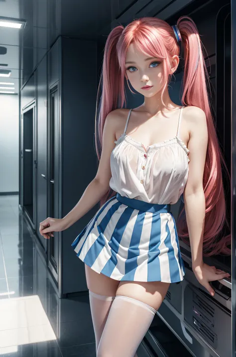 cute redhead with rainbow colored hair tips, ribbons in her hair, 18-year-old woman, happy, in twin tails, perfect symmetrical eyes, clear sparkling blue eyes, pale skin, silky smooth skin, standing on a fancy metal luxurious space ship, futuristic corrido...