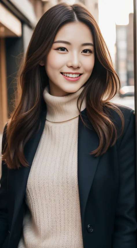 The face of the hostess、turtleneck wool sweater、hiquality、A hyper-realistic、healthy、Smiling expression、Slender perfect figure、japanese beautiful woman、 perfect  eyes、Beautiful skin、The upper part of the body、Downtown in winter