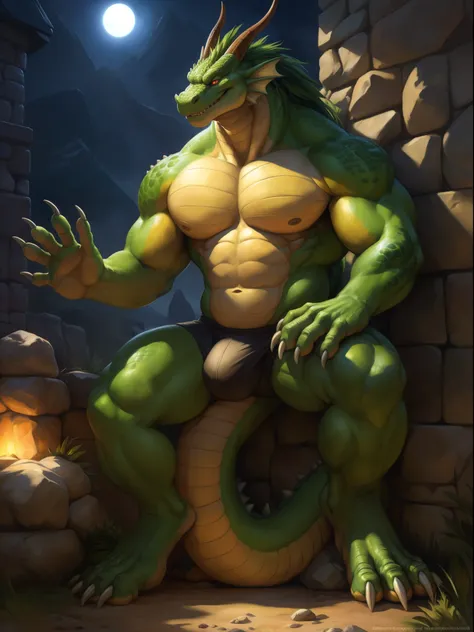 4k, hd, (ultra detailed), a beautiful and detailed full size portrait of a male (muscle, black underwear, big crotch), feral dragon shenron, shenlong, scalie, eastern dragon, chinese dragon, (dragon tail, green body, yellow skin, green hair, long hair, glo...