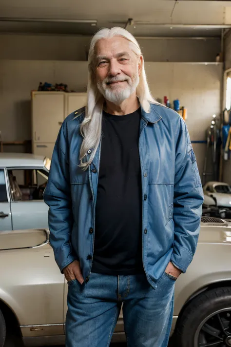 (elderly man in his 60s) (old grandpa) (long hair) (light beard) (fat body, belly), ((white hair)) (straight hair) (blue eyes) (white skin) expression smile, happy, confident look. full body, western face, ((Location: garage)), expression marks, wrinkles, ...