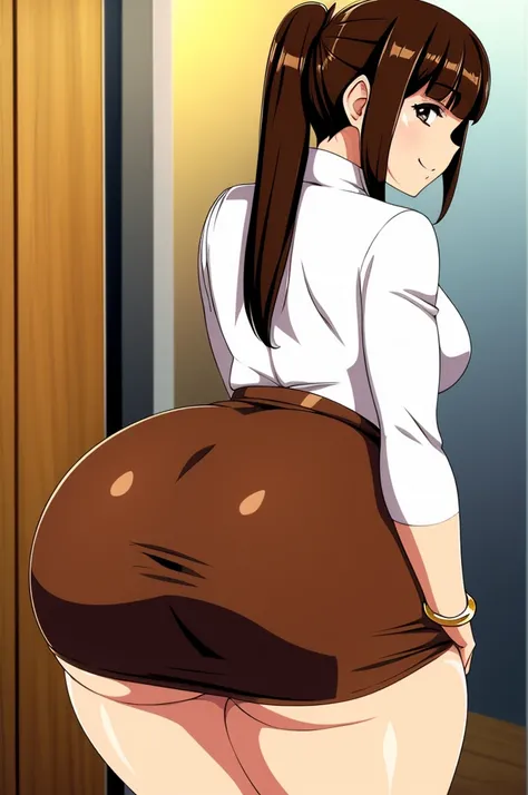 Best Quality, Solo, (shot from behind:1.4), (focus on ass:1.4), gargantuan butt, very curvy, Short ponytail with bangs, Walnut brown eyes, Full lips, Seductive, Smiling, Exposed white buttons tied in knots, short office skirt, Bracelet, thick thighs, Curva...