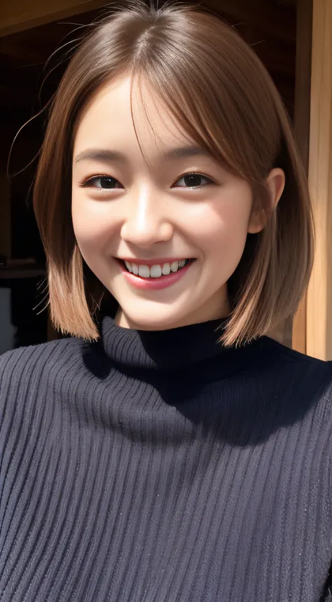 The face of the hostess、turtleneck wool sweater、hiquality、A hyper-realistic、healthy、Smiling expression、Slender perfect figure、Japan Beauty、 perfect  eyes、Beautiful skin、The upper part of the body、The city of Kyoto