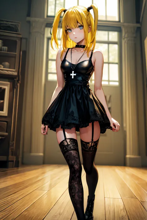 misaamane, misa amane, long hair, bangrown eyes:1.7), (yellow hair:1.5), blunt bangs, (two side up:1.5), red lips, lipstick, solo, 1girl,
BREAK thighhighs, dress, jewelry, collarbone, boots, detached sleeves, choker, black thighhighs, necklace, black footw...