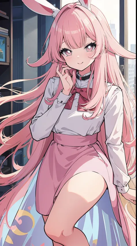 (masterpiece), best quality, (gentle smile), rabbit girl, (rabbit ears:1.2), (long pastel pink hair:1.2), (hair bangs), (hair hiding ears), (hazel eyes:1.2), (fluffy rabbit tail), (wearing modern clothing), (soft smile), city background