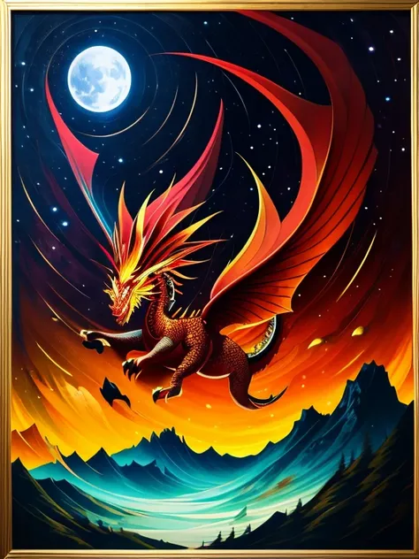 Chinese Dragon,traditional painting,long and winding body,elaborate scales,flaming breath,large expressive eyes,glistening pearls,stunning golden horns,majestic presence,fiery red and vibrant yellow colors,dragon flying over misty mountains,deep mythical h...