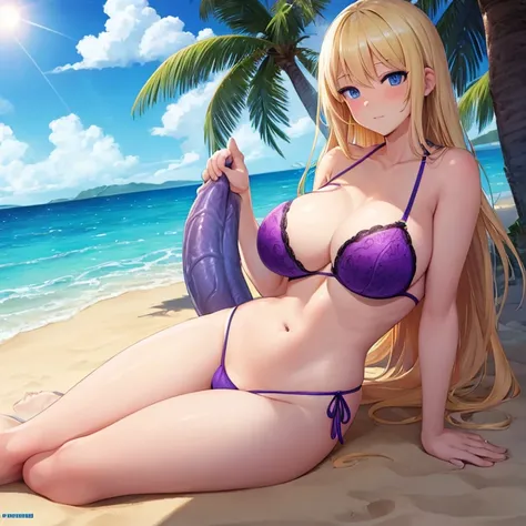 mermaid, beach, blonde hair, blue eyes, shy, large breasts, purple bra, big penis  , sexy pose, on sand,