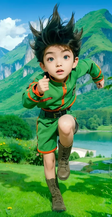 Real life adaption of this character , handsome boy , realistic same hair , (realistic same outfit),realistic scenery background , realistic light, realistic shadow, realism, hyper realistic,(photorealistic:1.2), normal small eyes, realistic same boots, re...