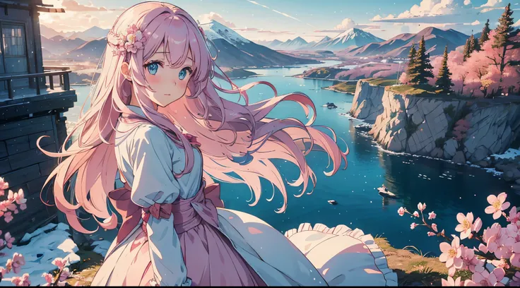 (1girl:1.2), slight blush, hands down, wavy hair, long hair, fluffy hair, light pink hair, icy blue eyes, sakura tree, hair flower, capelet, lace trim, bodice, wind, winter, mountain range, mountain sitting near mountain, detailed water, sparkling eyes, li...