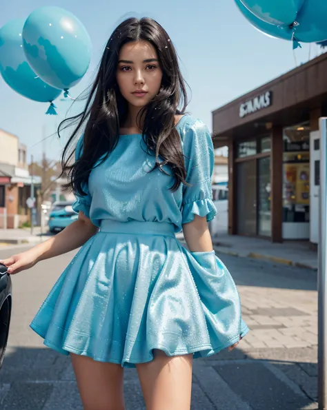 sparkling diamonds on a beautiful girl,realistic dark-haired girl is beautiful as a model,black  hair,the wind takes the girl away&#39;hairsh,in a fluffy woolen azure short skirt,and with balloons ,and a gradient liquid from turquoise to cream flows down t...