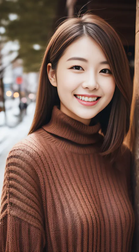 The face of the hostess、turtleneck wool sweater、hiquality、A hyper-realistic、healthy、Smiling expression、Slender perfect figure、Japan Beauty、 perfect  eyes、Beautiful skin、The upper part of the body、Snowy city