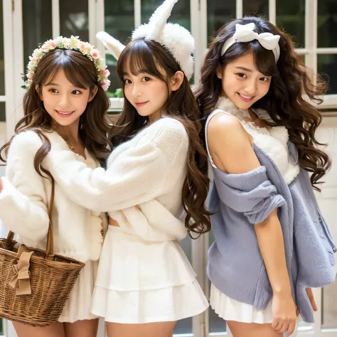 white fluffy cami top、short white cardigan、White mini skirt、Rabbit headband、Two girls with long brown hair and big curly hair are arm in arm.