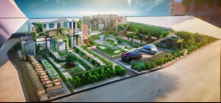 imagine modern eco-village that features shared spaces, communal gardens, and energy-efficient homes, architecture design concep...