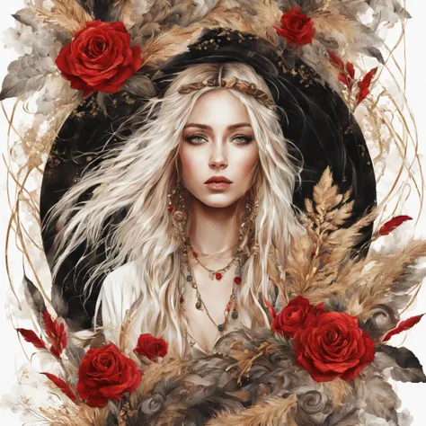 Beautiful hippie girl, boho chic, red roses, pampas grass, abstract, floral, fantasy, beautiful, bohemian, realistic, white, black, golden threads, drops, swirls, sparks, octane, brightly, Large