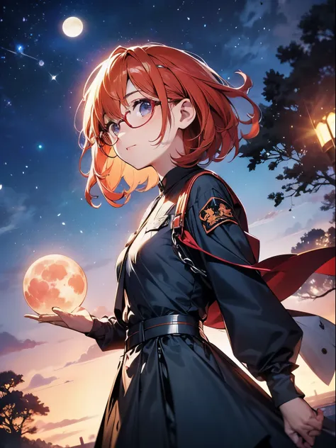 reddish-purple eyes、 short hairstyle、straight short、orange hair、kawaii girl、wearing glasses、imaginative fantasy landscape, a sto...