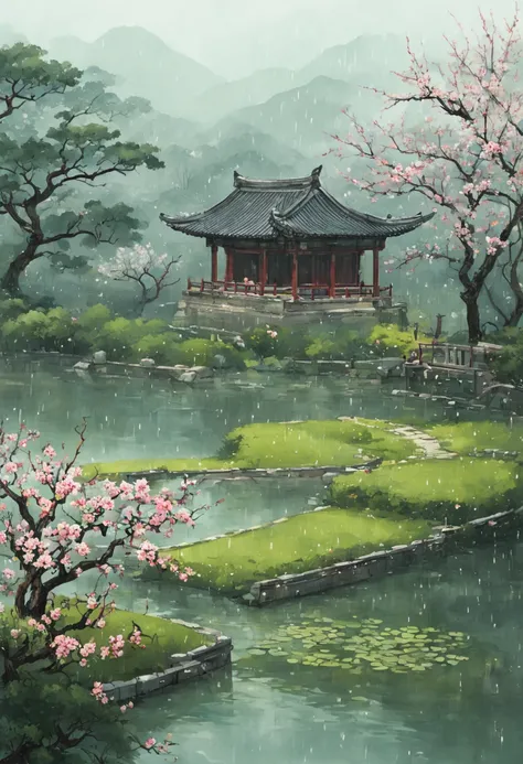 ancient china, peaceful, garden, an ancient chinese roof looming in the distance, light rain, lake, no human, narcissus, plum blossom tree, mint-color background