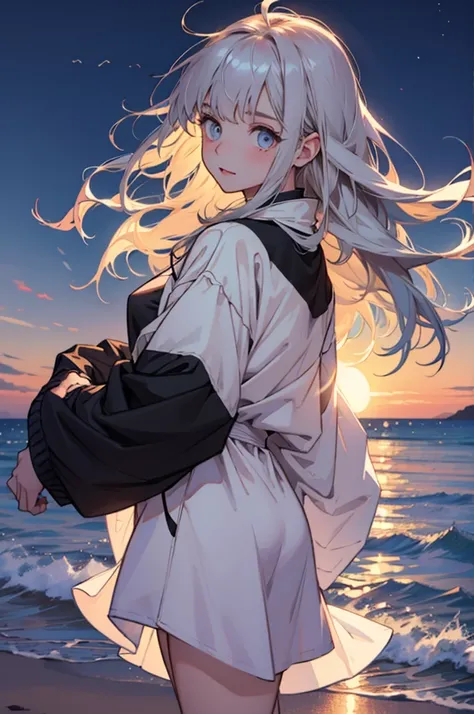 Beautiful young girl with oversized clothes and floating hair on the beach at night,