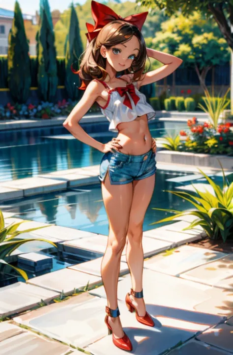 child, free hair, shiny hair, parted bangs, garden, artificial pond, full body, smile, (nipple contour:1), hand on hip, slim body, detailed background, (Thin waist:1.2), red bow, white camisole, midriff, (wide hips:1.3), standing, shorts, arched back, blue...