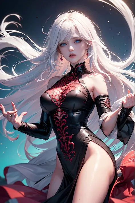 coralbug (albino woman, white hair styled voluminous waves), photo RAW, (black, dark red and neon pink : shiny aura,perfect eyes, blue eyes:1.2,highly detailed, red filigree, intricate motifs, organic tracery, glowing stardust , perfect composition, smooth...