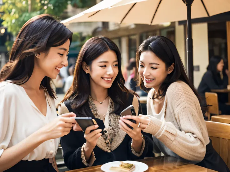 Three Women,３everyone is looking at their phone、looks like him&#39;I enjoy, extremely fine and beautiful,attractive young man々Shishi Woman, japanes,​masterpiece,top-quality、Beautiful eyes、OL wind、Inside the café