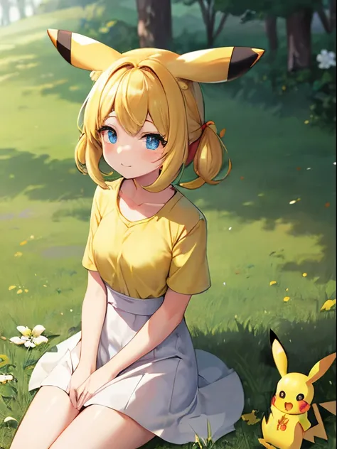 A pokémon、10 generations、yellow clothes、has pikachu ears、1 girl in、grass field、Cute