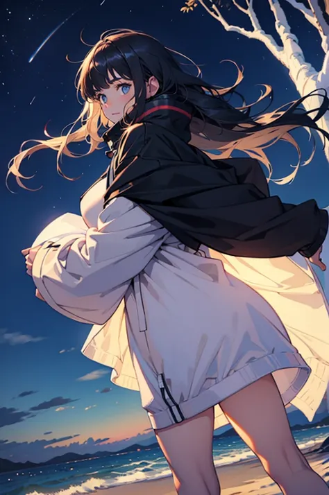 Beautiful young girl in oversized winter clothes and hair floating on the beach at night,