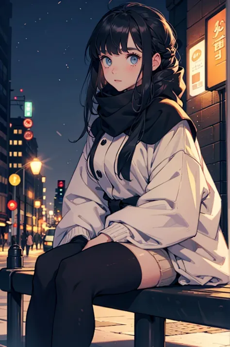 Beautiful young girl in oversized winter clothes and hair sitting in the city at night,