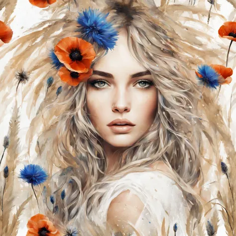 Beautiful hippie girl, boho chic, poppies, cornflowers, pampas grass, abstract, floral, fantasy, beautiful, bohemian, realistic, white, black, golden threads, drops, swirls, sparks, octane, brightly, Large