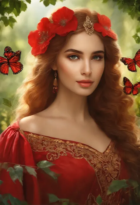 Kırmızı başlıklı kız, detailed facial features, vibrant red cape, lush green forest background, soft natural lighting, oil painting, ultra-detailed illustration, vivid colors, dreamlike scenery, realistic textures, highres, fairytale-like atmosphere, curly...