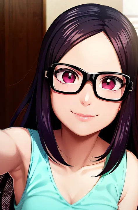 there  a woman wearing glasses and a white tank top, wearing black frame glasses, wearing square glasses, wearing small round glasses, wearing thin large round glasses, cute slightly nerdy smile, 8k selfie photograph, slight nerdy smile, girl with glasses,...