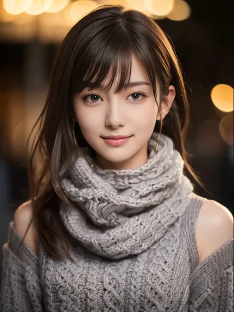 1 japanese idol,(Black sweater:1.4),(She wears a knitted snood around her neck to hide her chin.....:1.5), (Raw photo, Best Quality), (Realistic, Photorealsitic:1.4), Shorthair, masutepiece, extremely delicate and beautiful, Extremely detailed, 8k wallpape...