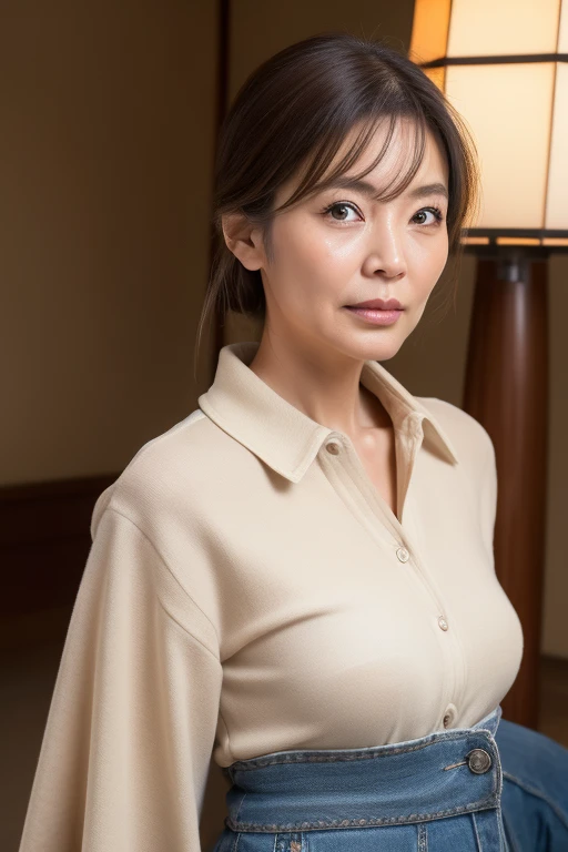 (((Japanese 41 year old mature woman))),top-quality, ​masterpiece, hight resolution, Photorealsitic, Raw photography, flawless, profetional lighting, ighly detailed, depth of fields,traditional Japanese room, (((60 year old))), (((Wrinkles on the face))),N...