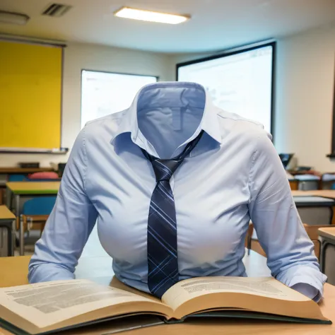 chubby, fat, white shirt, blue stripe tie, school tie, school uniform, reading books on desk, classroom, cute pose, (invisible, no humans, headless, faceless:1.5), cute big breasts, (close-up shot of breasts), (8k, RAW photo, best quality, masterpiece:1.2)...