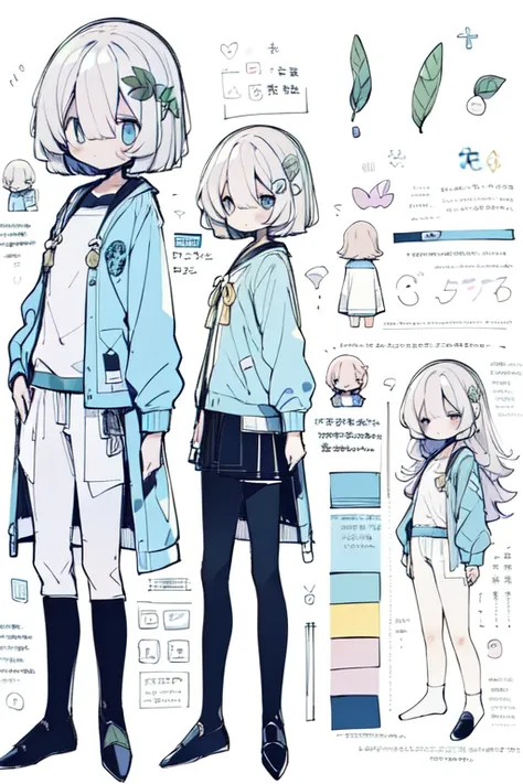 1girl in, ((Character information)、(Chara Leaf)、pastel dimmed colors, Type sheet, Character Sheets, Three types，Shot Full Body，Game Character Design，