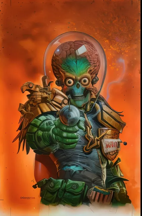 Close-up of alien holding gun and helmet, Mars Attack, when mars strikes, author：Dave Arredondo, Inspired by Alex Hawley, Inspired by Jim Burns, Inspired by Kelly Fleiss, by Randy Gallegos, author：Todd Lockwood, Alien warriors, Inspired by Terry Oakes, by ...